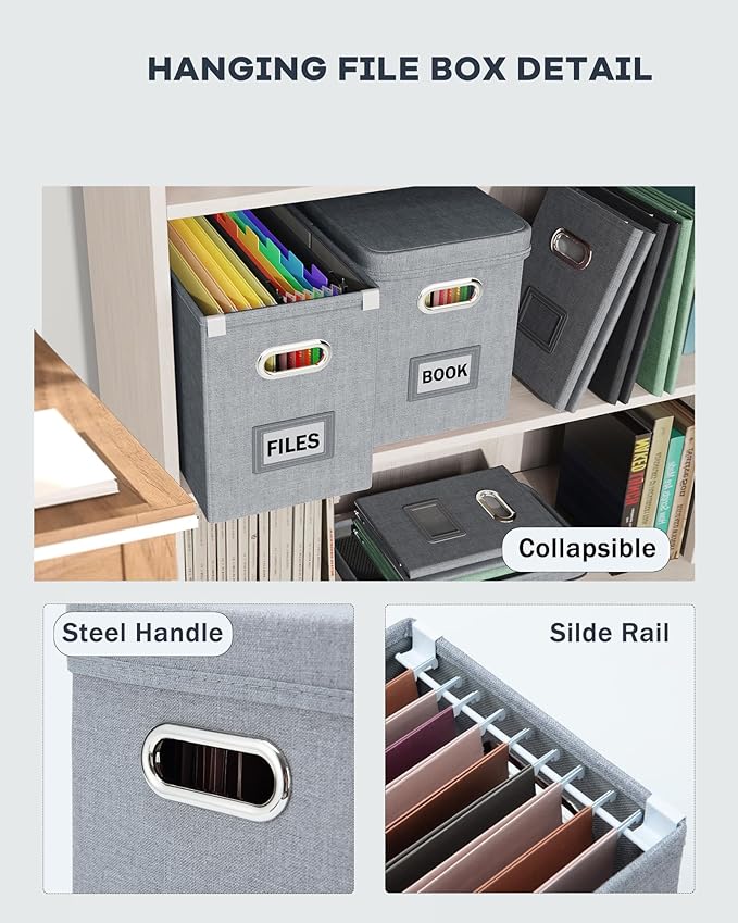 Oterri Hanging Filing File Box with Mesh Pocket, File Organizer Box with Lid, Collapsible Document Organizer Box for Letter Size, Easy Slide Durable Storage Box for Office/Decor/Home (2 PCS, Grey)