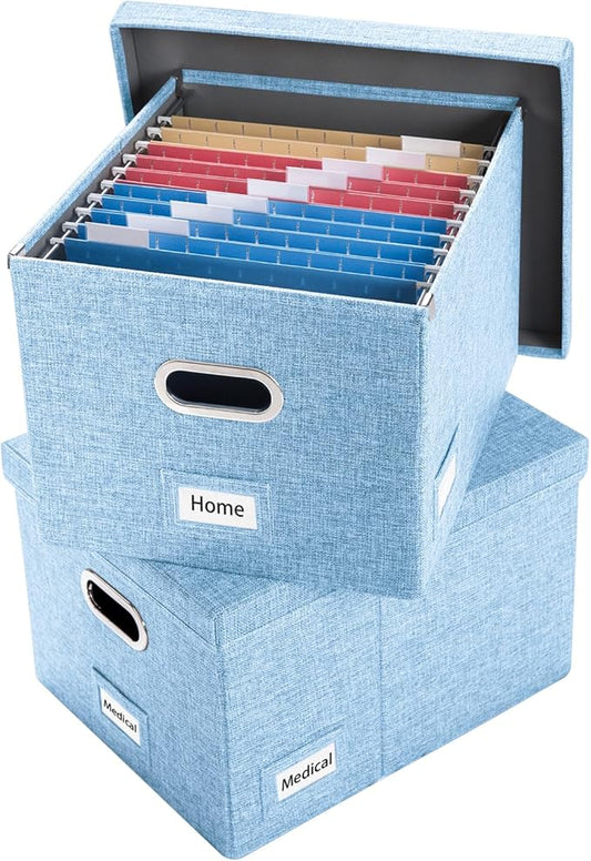 PRANDOM File Organizer Box - Set of 2 Collapsible Decorative Linen Filing Storage Hanging File Folders with Lids Office Cabinet Letter/Legal Size Blue (17x14x11.2 inch)