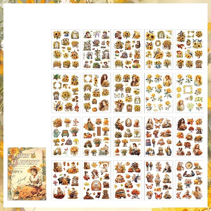TIAMECH Harvest Overflows Sticker Book - Rich Fall Series, 20 Sheets PET & Washi Stickers for Scrapbooking, Ephemera, Waterproof Junk Journaling Supplies & DIY Crafts (Size 10.5 x 7.1in)