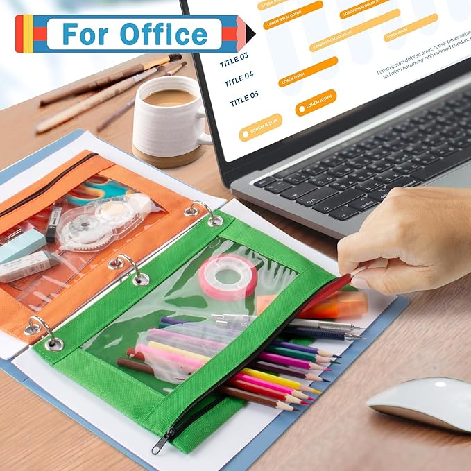 Pencil Pouch for 3 Ring Binder, 72 Pack Pencil Pouches with Zipper & Clear Window - 6 Assorted Color, Pencil Case Bulk for 3-Holes Binder, Multi-Purpose Storage Bag for Office, School Supplies (72)