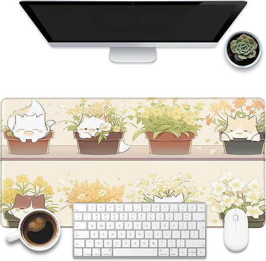 Desk Pad, Cute Cat Potted Plant Desk Mat, Anime Kawaii Cat Large Gaming Mouse Pad for Desk, 31.5"x15.7" Extended Big Computer Keyboard Mouse Pad with Non-Slip Base and Stitched Edge