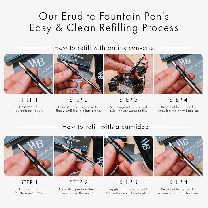 Wordsworth & Black Fountain Pen Set, 18K Gilded Medium Nib, Includes 24 Pack Ink Cartridges, Ink Refill Converter & Gift Pouch, Gold Finish, Calligraphy, [Silver Gold], Perfect for Men & Women