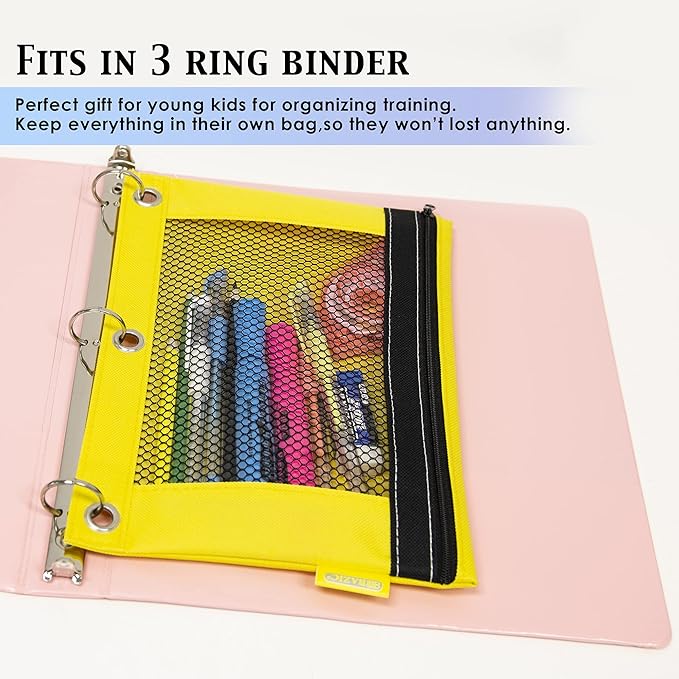 BAZIC Pencil Pouch 3 Ring Binder Pouch w/Rivet Enforced Rings Holes, Mesh Window, Bright Assorted Color Zipper Pouches Case, 144-Pack