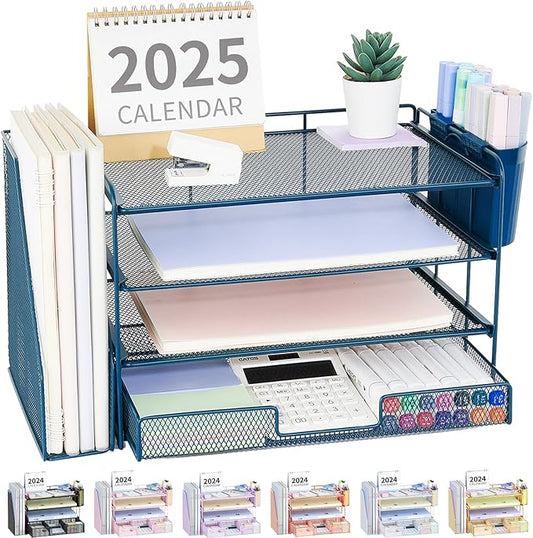 OPNICE Desk Organizer and Accessories, 4-Tier Desktop File Organizer with Drawer and 2 Pen Holders, Office Desk Accessories, File Sorters, Workspace Organizers for Office Supplies(Dark Blue)