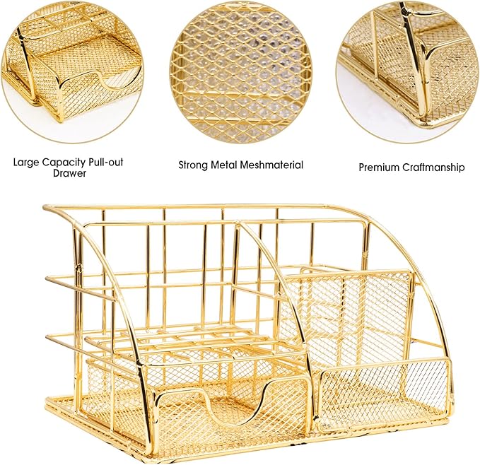 Gold Desk Organizers and Accessories Office Supplies Set Stapler, Pen Holder, Phone Holder, Scissors, Pen, Ruler, 30 Paper Clips, 22 Binder Clip, 20 Tacks and 1000pcs Staples (Gold)