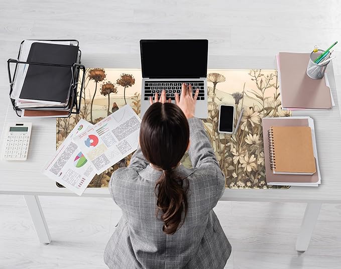 Pastel Wildflower Botanical Floral Desk Mat XXL Large Gaming Mouse Pad, Cute Nature Plant Flower Desk Pad Computer Mat 31.5x15.75 in, Laptop Keyboard and Mouse Mat Desktop Decor for Women