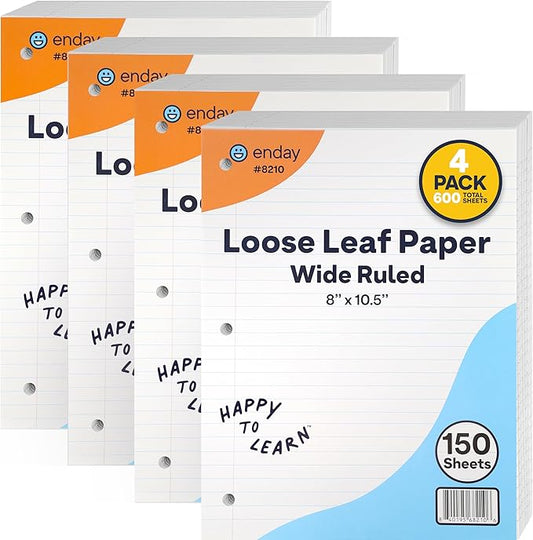 Loose Leaf Paper Wide Ruled Notebook Paper, 8" x 10.5" Filler Paper White, 3 Hole Punched Binder Paper for 3 Ring Binders, Lined Paper 150 Sheets Per Pack (4 Pack) - By Enday