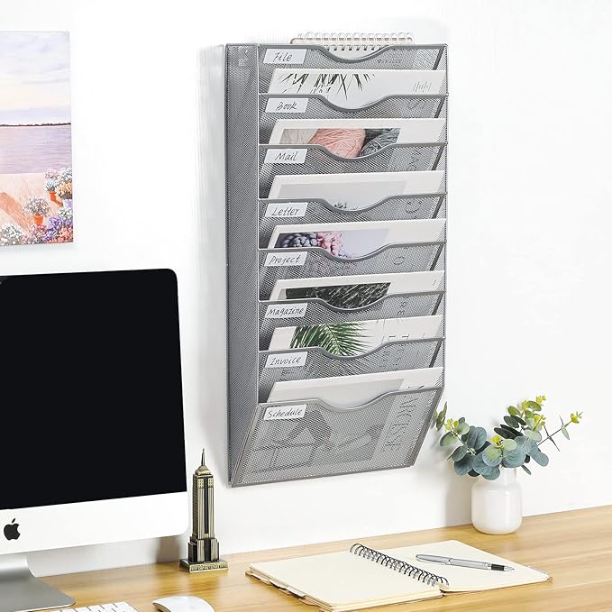 PAG Hanging Wall File Holder Organizer Mail Sorter Literature Rack for Office, 8 Pockets, Silver