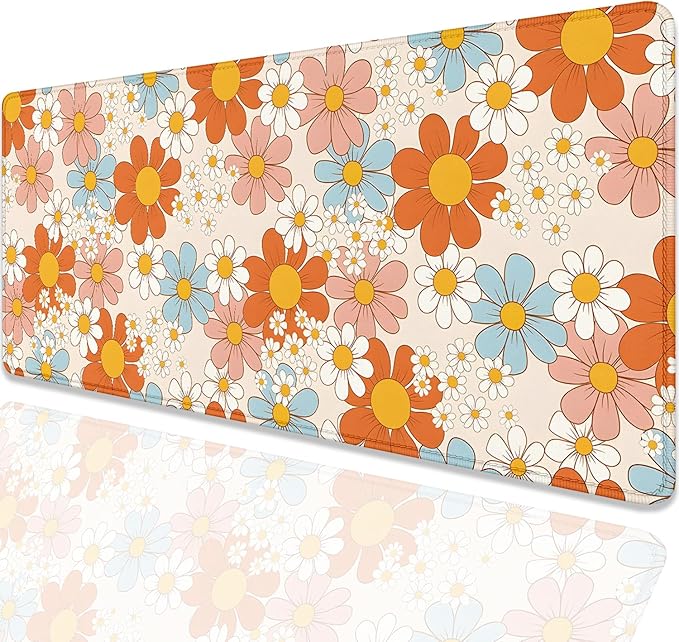 Vintage Floral Mouse Pad Daisy Desk Pad,Retro Flower Mouse Mat,Extended Gaming Mouse Mat,Stitched Edges Non-Slip Waterproof Rubber Base Mous Mat for Office Home Work Game Desk Pad(27.5X11.8 in)