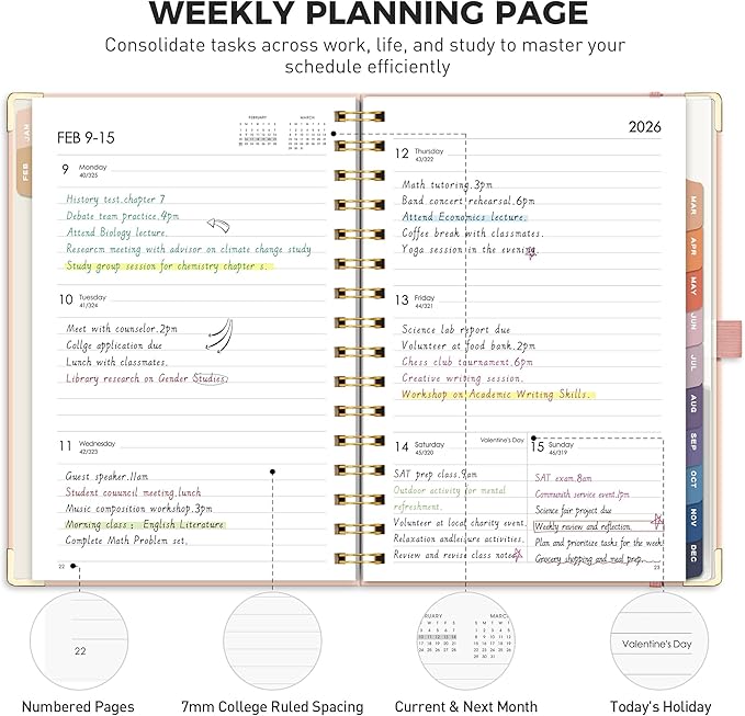 RETTACY 2026 Planner, Weekly and Monthly, Medium Size (5.7" x 8.3"), Jan - Dec 2026, Agenda, Calendar, 12 Month Tabs, Hardcover, 100 GSM Thick Paper, Spiral-bound (Pink)