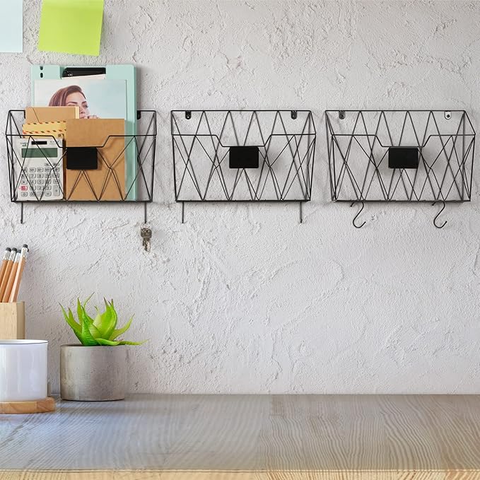 Hanging Wall File Holder Wall Mount Metal Wall File Organizer 3 Pockets Mail Organizer with Hooks for Office Home,Black