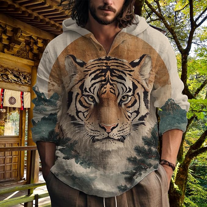 MARSVOVO Hooded Long Sleeve Shirt Men Fashion Graphic Button Up Lightweight Big and Tall Casual Vacation Shirts for Men