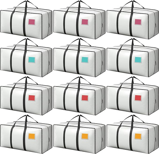 12 Pack Extra Heavy Duty Large Moving Bags with Reinforced Zipper & Wide Handles, Waterproof Storage Bins for Clothes, College Dorm, Travel, and Home Organization, White