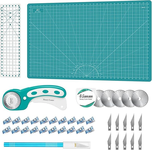 Rotary Cutter Set - Quilting Kit incl. 45mm Fabric Cutter, 5 Replacement Blades, A1 Cutting Mat, Acrylic Quilting Ruler and Sewing Clips, Craft Knife Set, Ideal for Crafting, Sewing, Patchworking