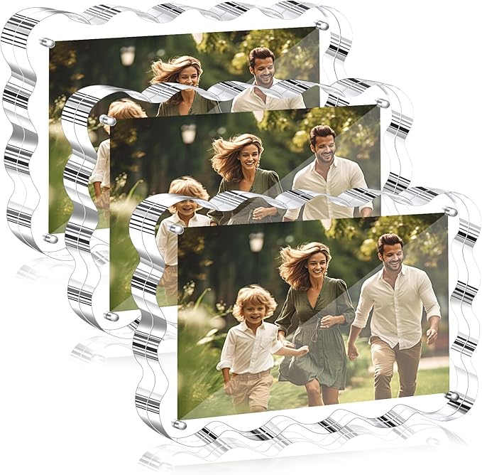 Aheroi Acrylic Picture Frames, 3 Pack 4x6 Clear Scalloped Photo Frame Freestanding Magnetic Double Sided Picture Frames, Transparent Thickened Frameless Acrylic Sign Holder, No Instal