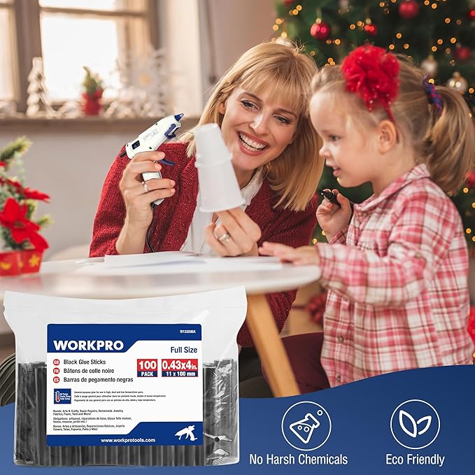 WORKPRO Hot Glue Sticks Full Size, 100-Pack Black Hot Melt Adhesive Glue Sticks for All-Temp Glue Guns, 0.43x4Inches, Multipurpose for Art Craft General Repairs, Home Decorations and Gluing Projects