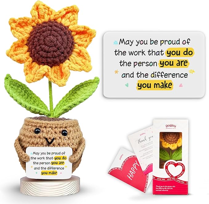 Gossby Handmade Positive Sunflower Crochet - May You Proud of The Work That You Do - Inspirational Gift for Women - Positive Energy, Apreciation, Farewell, Retirement, Goodbye Gift for Coworker