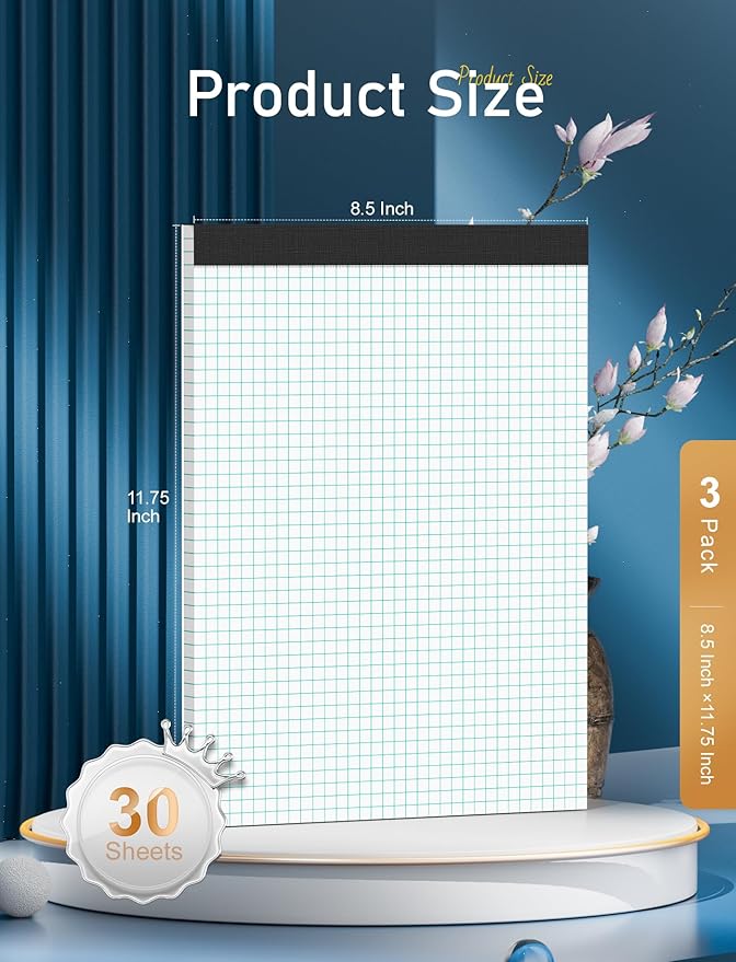Grid Paper Pads 8.5 x 11, 3 Pack, 4x4 Blue Quad Graph Paper Pads 8.5 x 11, White Quadrille Pad, Easy Tears Off, Cardboard Backing, Grid Notebook 8-1/2" x 11", 70 GSM Graft Paper, 30 Sheets/Pad