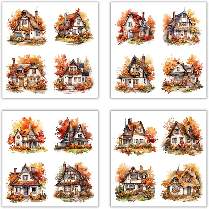 XERE 80 Pcs Quaint Cottages Four Seasons Sticker Book for Journaling Notebooks, Sketchbook, Bookmark Making, Junk Journal, Budget Planner, Scrapbook Art Supplies Stickers