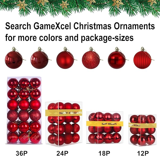 Rose Red 2.5" Christmas Balls Christmas Tree Decoration Ornaments Shatterproof Hanging Balls for Birthday Halloween Holiday Wedding Decorations Set of 24pcs
