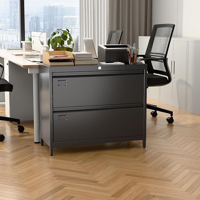 Lateral File Cabinet with 2 Drawers, Metal Wide Lateral Filing Cabinet with Lock for Hanging Files Letter/Legal/F4/A4 Size for Home Office School, 2 Drawer, Assembly Required, Black