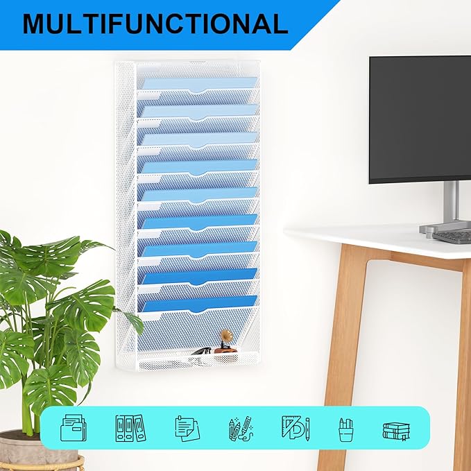 Hanging Wall File Organizer 10 Tier Wall Mounted File Holder Document Wall Organizer Magazine Organization for Office Home, White