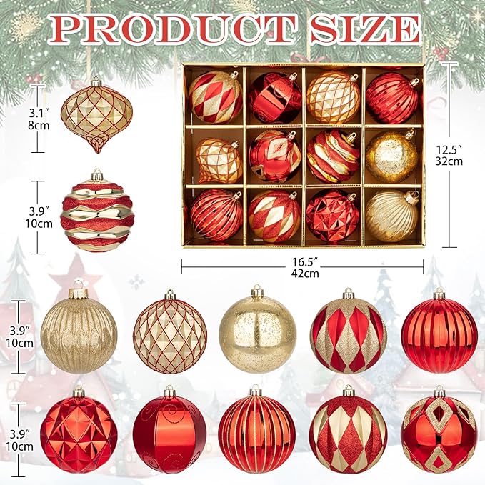 Hollyone 4 Inch Red and Gold Christmas Ornaments 12Pcs Christmas Tree Ornaments Balls Colored Shatterproof Christmas Ornaments for Xmas Tree Decor Holiday Party Wreath Home Decor (Red & Gold, 100mm)