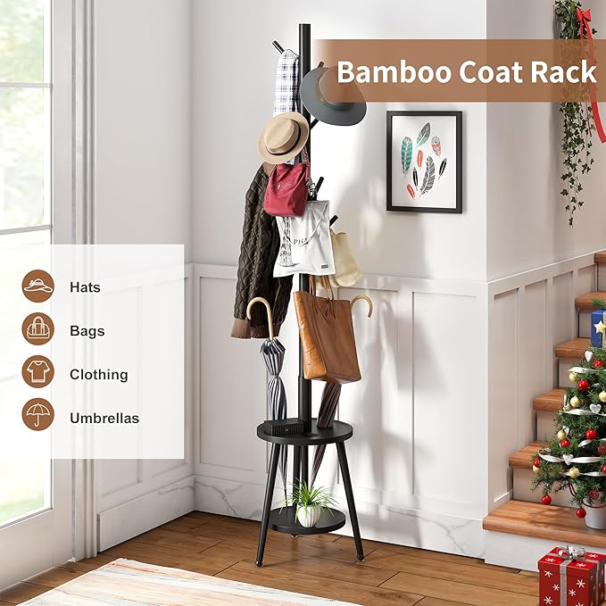 FILWH Freestanding Coat Rack with Umbrella Organizer Tray Bamboo Coat Tree Rack with 8 Hook Stand for Clothes Bag Hats Entryway Hanger Stand(Black)