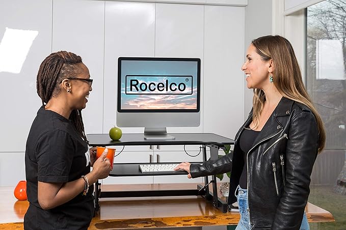 Rocelco 32" Height Adjustable Standing Desk Converter - Slide Out Retractable Keyboard Tray - Sit Stand Up Double Monitor Riser - Dual Piston Lift Assist Tabletop Computer Workstation - Black (R ADRB)