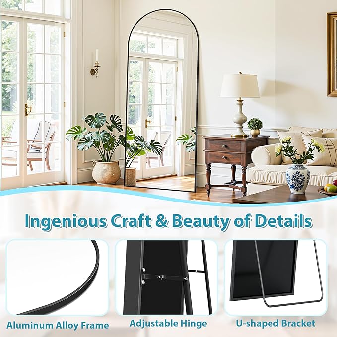 Full Length Mirror, 71"x28" Oversized Floor Mirror Freestanding, Full Body Mirror Floor Standing Mirrors with Stand, Hanging Mounted Mirrors for Bedroom Living Room, Black, Arched Style