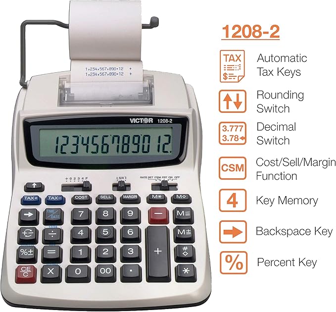 Victor Printing Calculator, 1208-2 Compact and Reliable Adding Machine with 12 Digit LCD Display, Battery or AC Powered, Includes Adapter,White