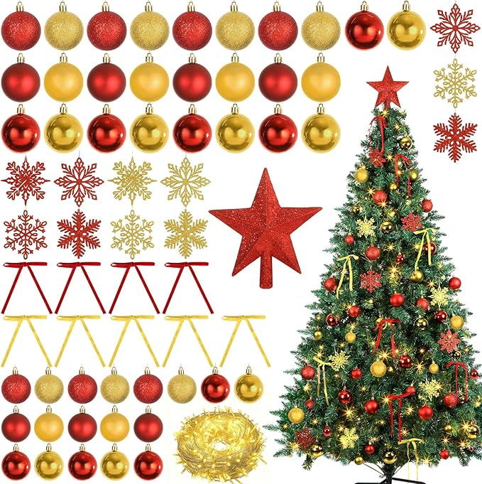 86Pcs Led Light Red and Gold Christmas Tree Decorations Set 100 Led Light Christmas Star Trees Topper with String Lights Xmas Balls Snowflakes Ornaments Bows Xmas Trees Decor 20m Light String