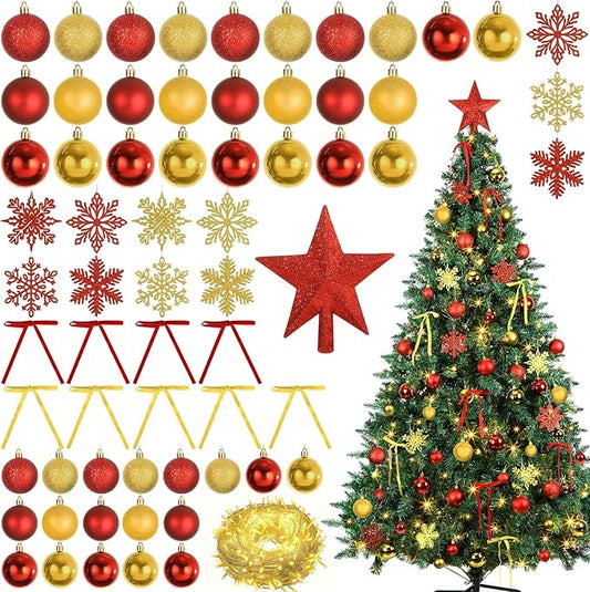 86Pcs Led Light Red and Gold Christmas Tree Decorations Set 100 Led Light Christmas Star Trees Topper with String Lights Xmas Balls Snowflakes Ornaments Bows Xmas Trees Decor 20m Light String