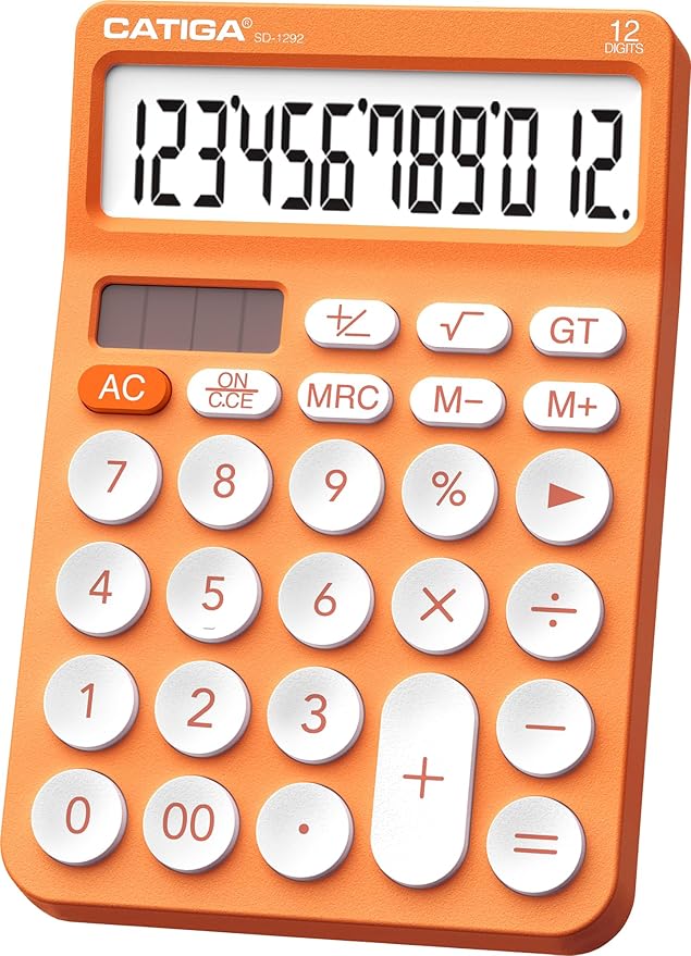 CATIGA 12 Digit Desktop Calculator Basic Desk Calculator with Large LCD Display, Big Buttons, 4 Function, Solar and Battery Dual Power, for Office, School, Home, SD-1292 Orange