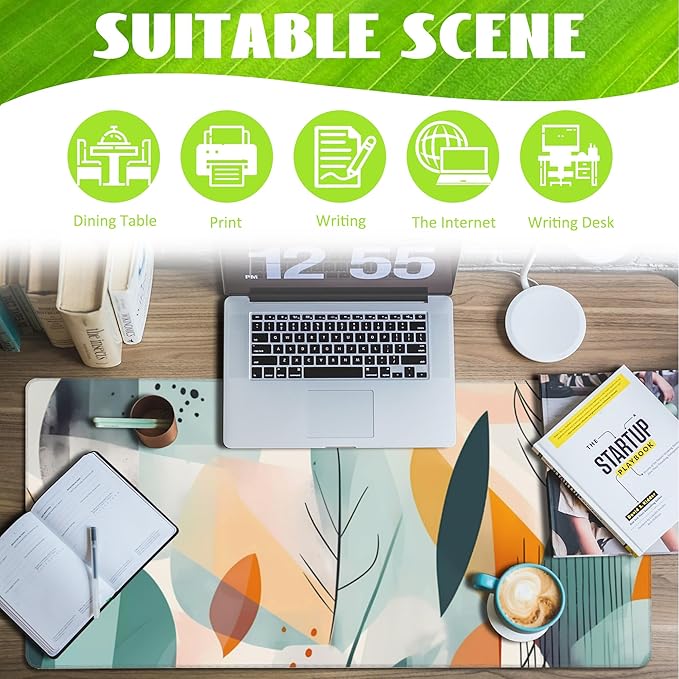 Desk Pad,Abstract Colorful Leaves Desk Mat,Abstract Line Art Large Gaming Mouse Pad for Desk,Extended Big Computer Keyboard Mouse Pad with Non-Slip Base and Stitched Edge,35.4"x15.7"