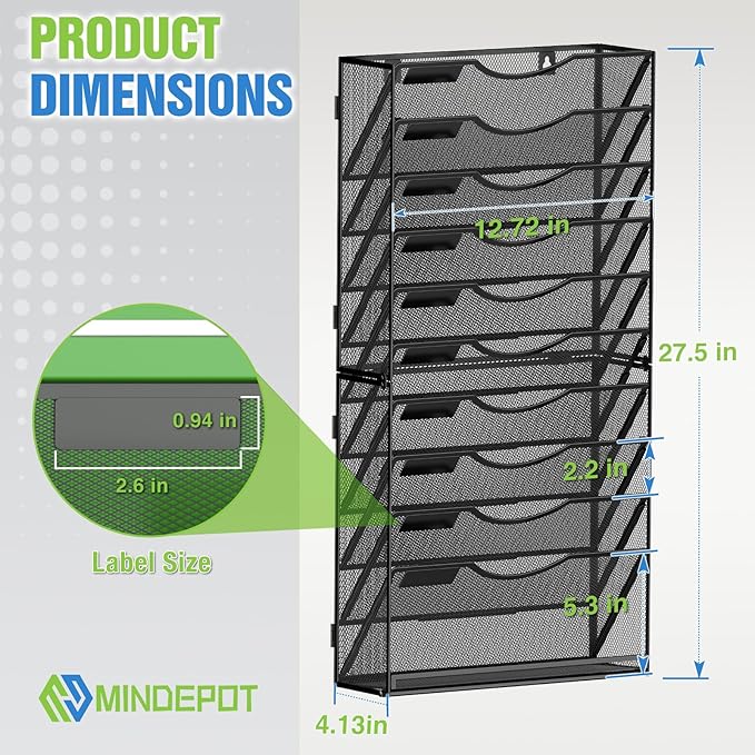 11 Tier Wall File Holder Hanging Wall Mount Paper File Organizer for Mails Folders Document Magazine Organization, for Office School Home, Black