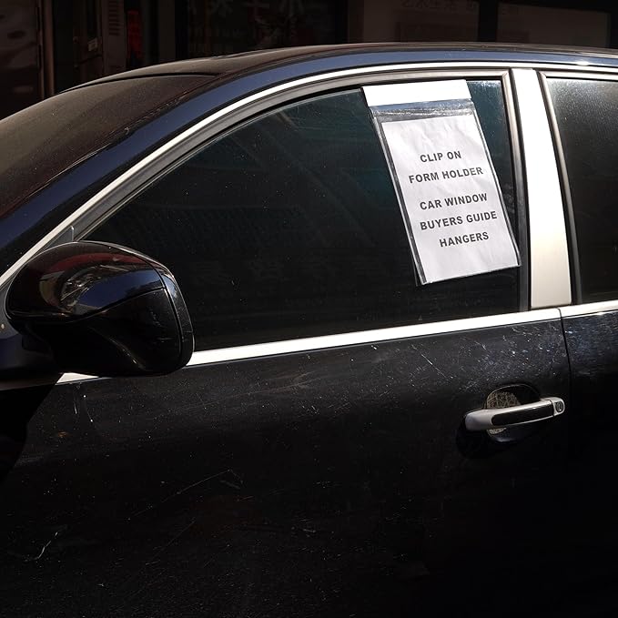 50 Pack Clip on Form Holder 50 Pack, PVC Buyers Guide Holder 9" x 13" Clear Plastic Pouch, Document Holders Window Hangers for Car Dealership