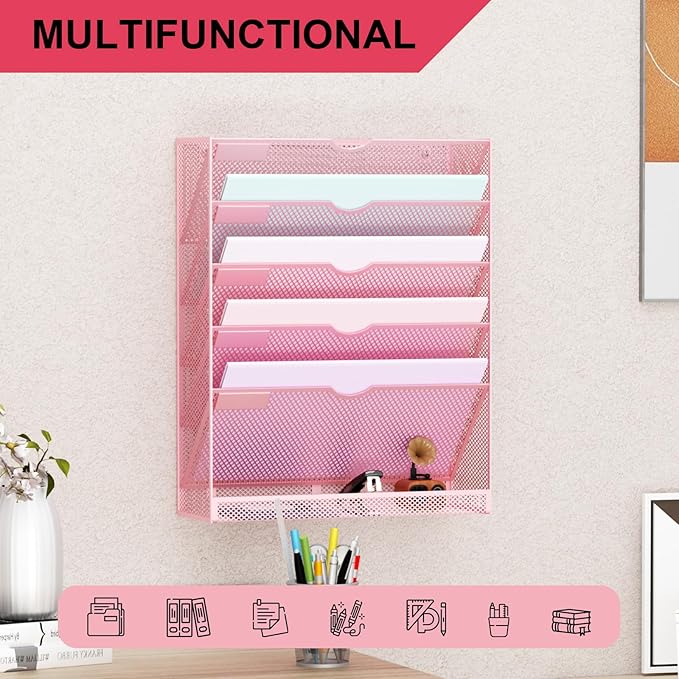 Hanging Wall File Organizer 6 Tier Wall Mounted Mail Paper Folder Holder Document Organization Stand, Vertical Desk Magazine Rack for Office Home Cubicle Countertop, Pink