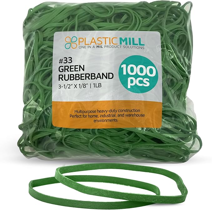PlasticMill Green Rubber Bands Size 33 (3 1/2" x 1/8") - #33 Colored Rubber Bands Office Supplies - Strong, Elastic Bands for Crafts, Balloon Garland, Cash, File Folders (1,000-Pack)