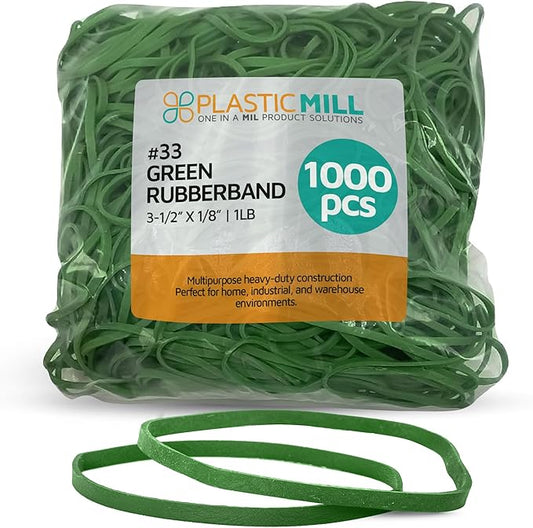 PlasticMill Green Rubber Bands Size 33 (3 1/2" x 1/8") - #33 Colored Rubber Bands Office Supplies - Strong, Elastic Bands for Crafts, Balloon Garland, Cash, File Folders (1,000-Pack)