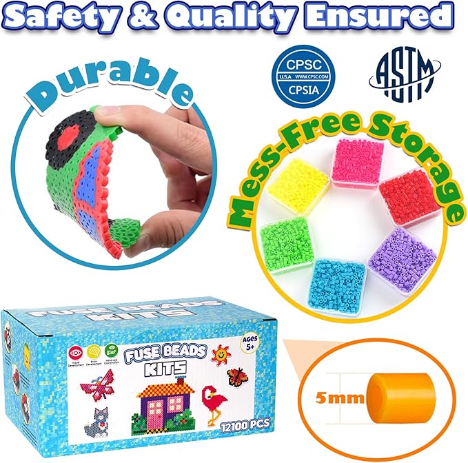 FUNZBO 12000 5mm Fuse Beads Kit - 18 Colors Individual Pack, Christmas Homeschool Arts and Crafts Supplies for Kids, Toys Set, Art Decorations for Room, Toys Gifts for Girls and Boys Age 5+