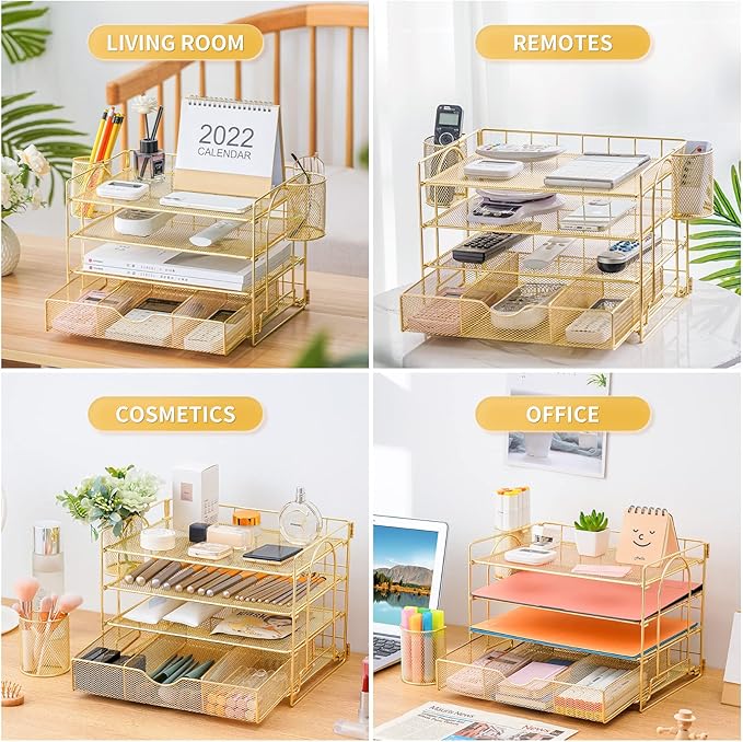 Lavatino Paper Letter Tray Organizer with File Holder, 4-Tier Desk Accessories & Workspace Desk Organizers with Drawer and 2 Pen Holder for Office Supplies (Gold)