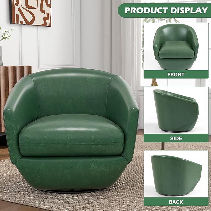 UIXE 360° Swivel Barrel Accent Chair, PU Leather Upholstered Club Armchair for Living Room, Modern Round Arm Chair Single Sofa Bedroom Reading Seating (Green)