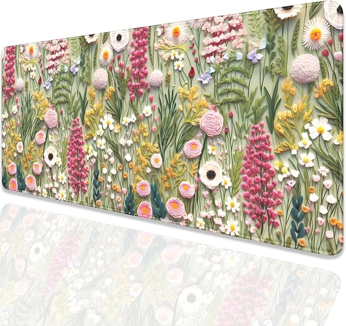 Embroidered Flower Wildflower Embroidery 3D Pattern Mouse Pad Desk Pad,Stitched Edges Non-Slip Waterproof Rubber Base Mous Mat for Office,Computer,Keyboard,Laptop and Home Desk Pad(27.5X11.8 in)