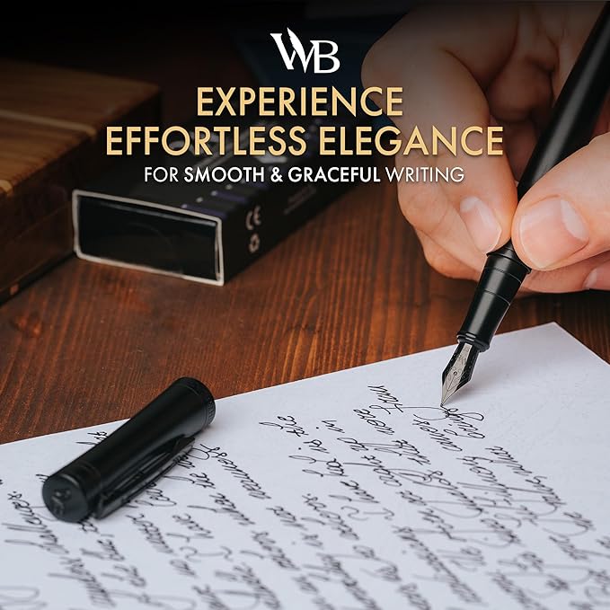Wordsworth & Black Fountain Pen Set, Extra Fine Nib, Includes 24 Pack Ink Cartridges, Ink Refill Converter & Gift Box, Calligraphy, [All Black], Perfect for Men & Women