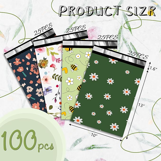 Poly Mailers-10x13 Inch Variety Pack of 100，25pcs Each Print ，Strong Adhesive Shipping Bags for Clothing, Waterproof and Tear Proof Mailing Envelopes - Mixed Print