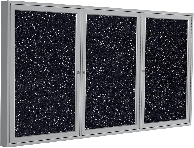 Ghent 48" x 96" 3-Door indoor Enclosed Recycled Rubber Bulletin Board, Shatter Resistant, with Lock, Satin Aluminum Frame,Confetti (PA34896TR-CF)-Made in USA