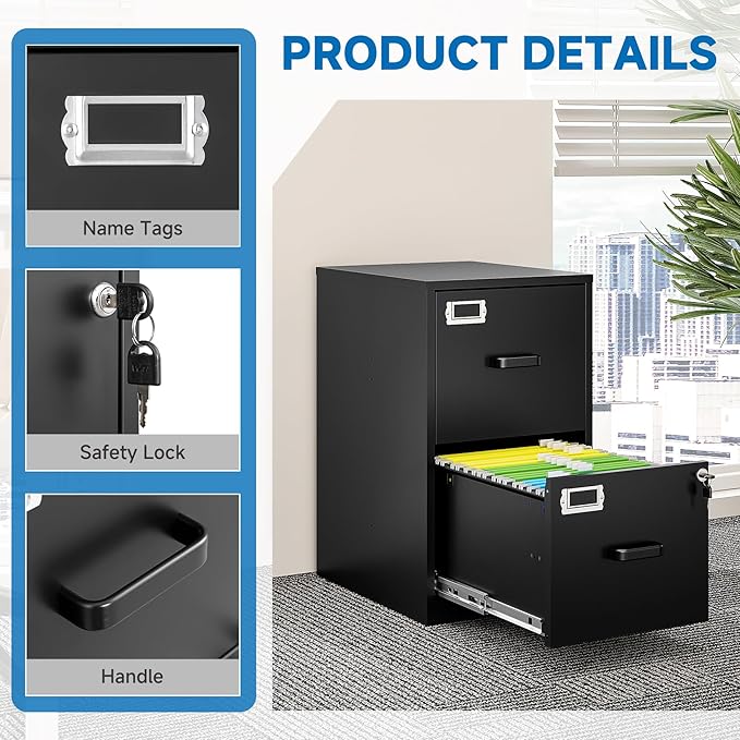 2 Drawer File Cabinet with Lock Vertical Filing Storage Cabinet Office Home Steel Vertical File Cabinets for Letter Size File Cabinet Locked,Assembly Required