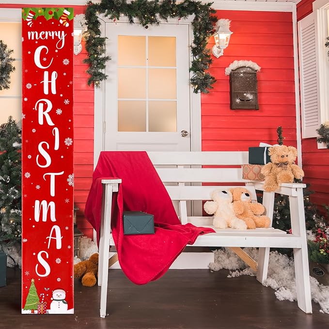 Christmas Wooden Porch Sign 47.2" Merry Christmas Snowflake Welcome Porch Signs for Front Door Xmas Vertical Standing Signs Wooden Hanging Sign Decor for Xmas Garden Home Front Door Yard Farmhouse Decor