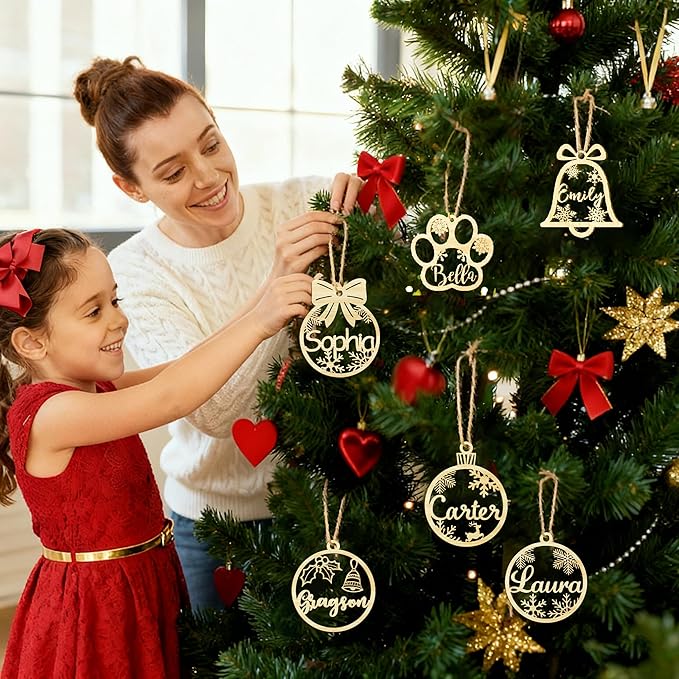 Personalized Christmas Ornaments with Name,Wooden Christmas Tree Ornaments 2025 with Custom Family Name for Kids Adults,Xmas Ornaments for Christmas Tree Gifts (03-Christmas Ornament with Bow)